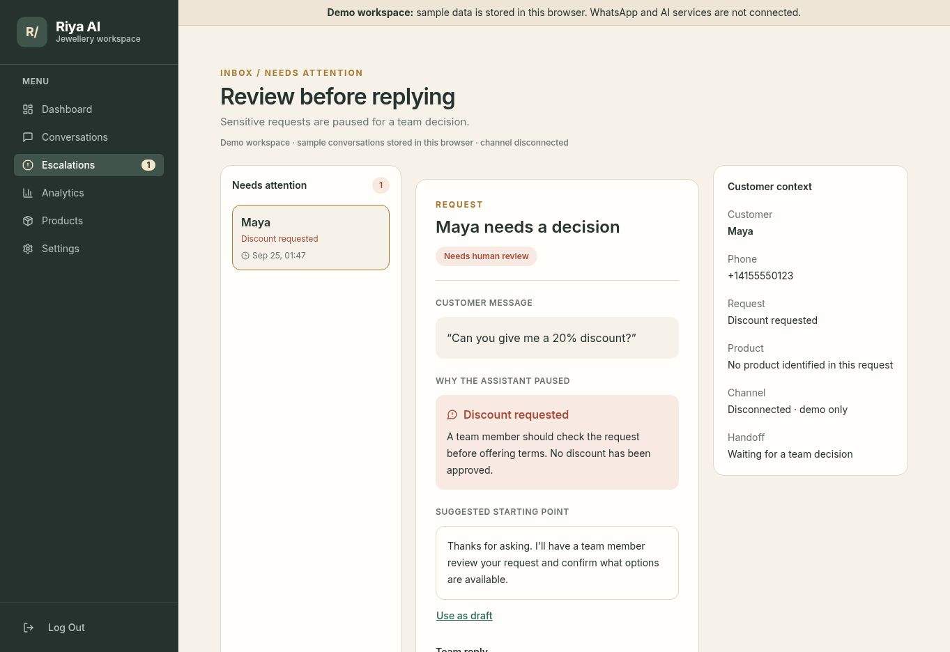 Desktop review state with the sample discount request, explanation and team reply actions